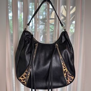 Joe’s black leather over shoulder bag with leopard & zipper details